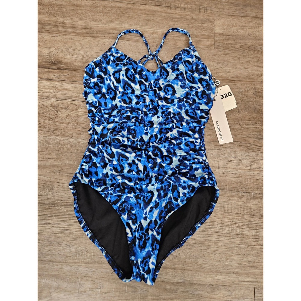 Magicsuit Blue Leopard Print Ruched Lattice Back One Piece‎ Swimsuit 10 6007925